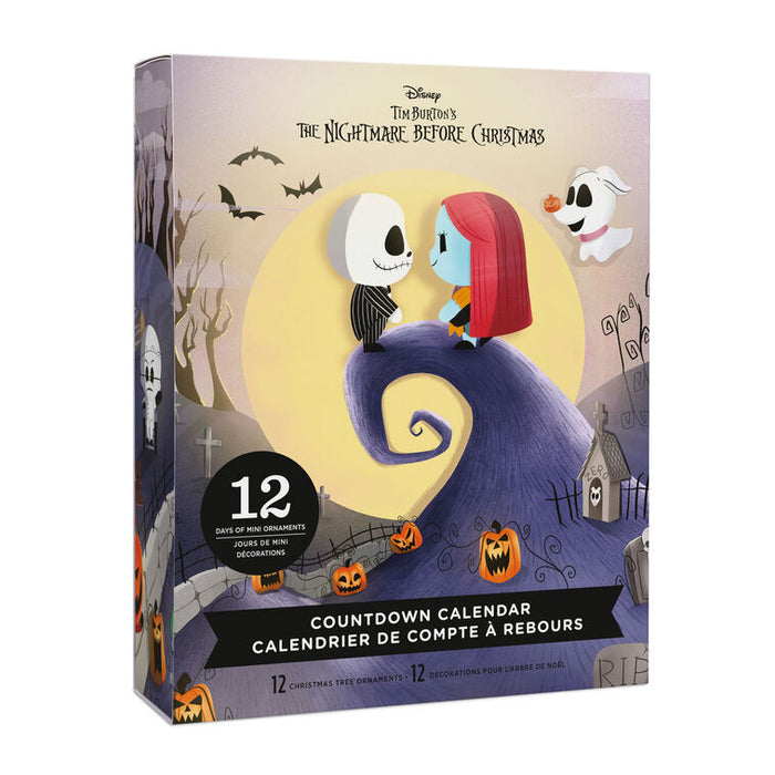 Disney The Nightmare Before Christmas Countdown Calendar box, featuring Jack Skellington and Sally under a large yellow moon on a purple hill, with Halloween-themed illustrations and text on a white background.
