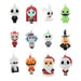 Twelve small hanging ornaments shaped like cartoon horror and holiday characters arranged in a 3-by-4 grid on a plain white background. The characters include black-and-white skull-like figures, a red-haired figure, a white ghost with an orange nose, a green monster, a pink devil, a pale blue witch, a green skull-faced figure, a black-hatted orange-faced figure, a white skull figure with glasses, a jack-o'-lantern, a Santa figure, and a white skull figure in red and black.