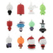 Twelve small hanging character ornaments arranged in a 3-by-4 grid on a plain white background. Each ornament has a white body with a colorful head or outfit and a small black dangling base, plus a silver hanging loop at the top.