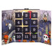 A Halloween-themed advent calendar with 12 numbered black doors arranged in a grid over a spooky illustrated backdrop featuring pumpkins, skeletons, a mummy, and haunted houses.