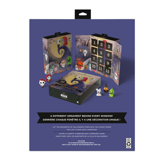 The back of a Halloween advent calendar box on a solid purple background, showing the illustrated box, open window panels with numbered doors, and small character ornaments.