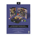The back of a Halloween advent calendar box on a solid purple background, showing the illustrated box, open window panels with numbered doors, and small character ornaments.