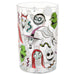 A clear glass tumbler featuring a collage of characters and motifs from Disney's 'The Nightmare Before Christmas,' including Jack Skellington, Sally, Ghostface, and other spooky illustrations, shown on a plain white background.