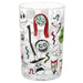 A clear glass tumbler featuring a collage of characters and motifs from 'The Nightmare Before Christmas', including Jack Skellington, Sally, and other iconic illustrations, set against a plain white background.