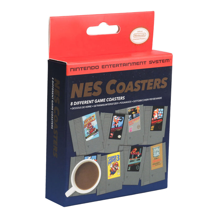 Box of NES Coasters with a cup and game cartridge designs on a white background