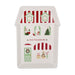 A white ceramic house-shaped serving platter featuring a Christmas-themed North Pole Sweets Shop design with red and green stripes, Santa, a Christmas tree, and candy canes, on a white background.