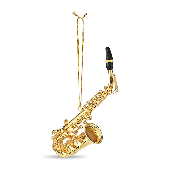 Gold saxophone pendant on a white background