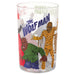 A clear glass drinking tumbler featuring colorful 'The Wolf Man' comic book character artwork, including a green-clad figure and an orange-striped figure, on a white background.