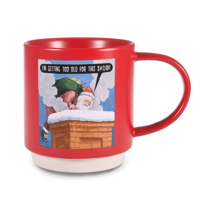 Red mug with a graphic of Santa Claus and text on a white background
