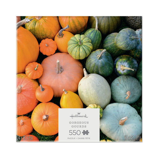 Puzzle box with colorful pumpkins and gourds on a white background