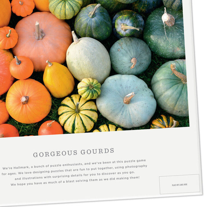 Assorted gourds including pumpkins and squashes on a grassy background with Hallmark branding.