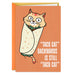 Card with a cartoon cat in a burrito and humorous text on an orange background