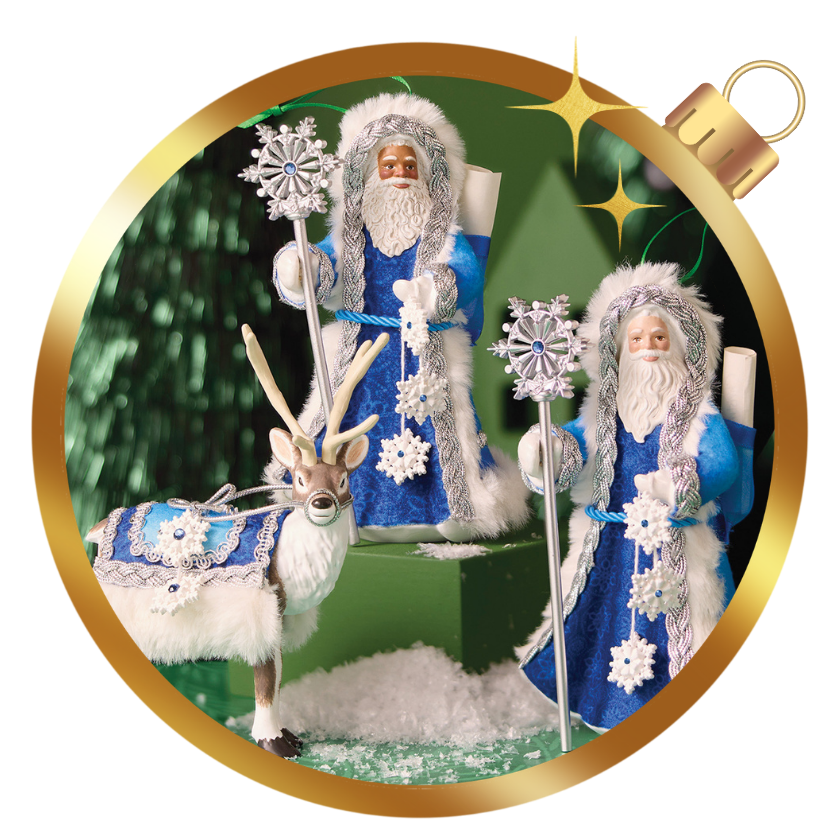 Hallmark Keepsake Father Christmas ornaments displayed with a decorated reindeer in a festive winter scene.