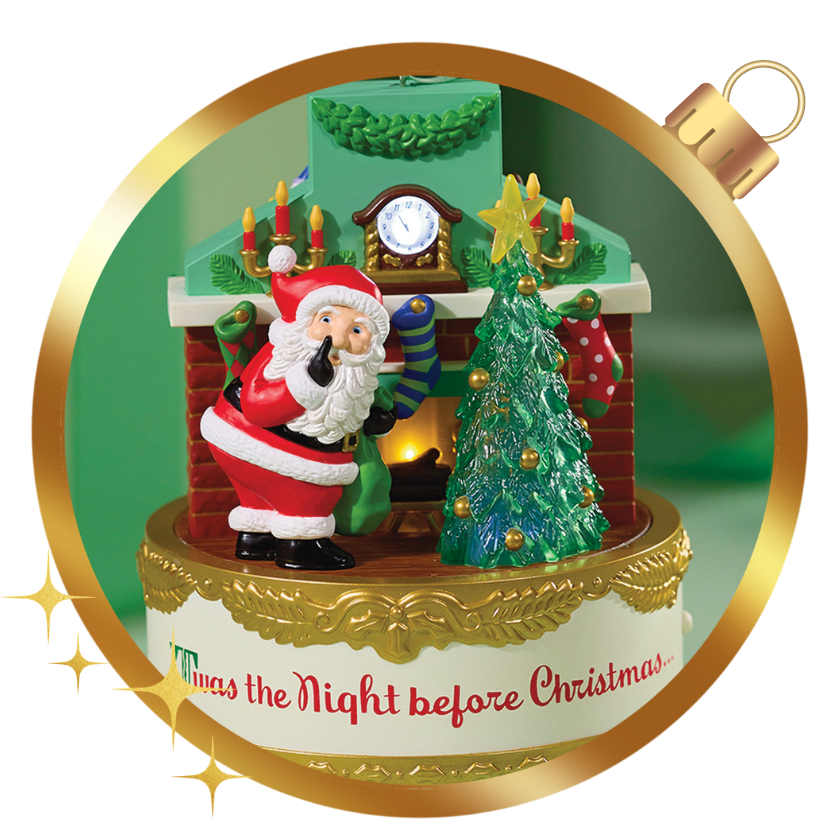 Hallmark Keepsake musical Christmas ornaments featuring Santa by a fireplace and a decorated Christmas tree.