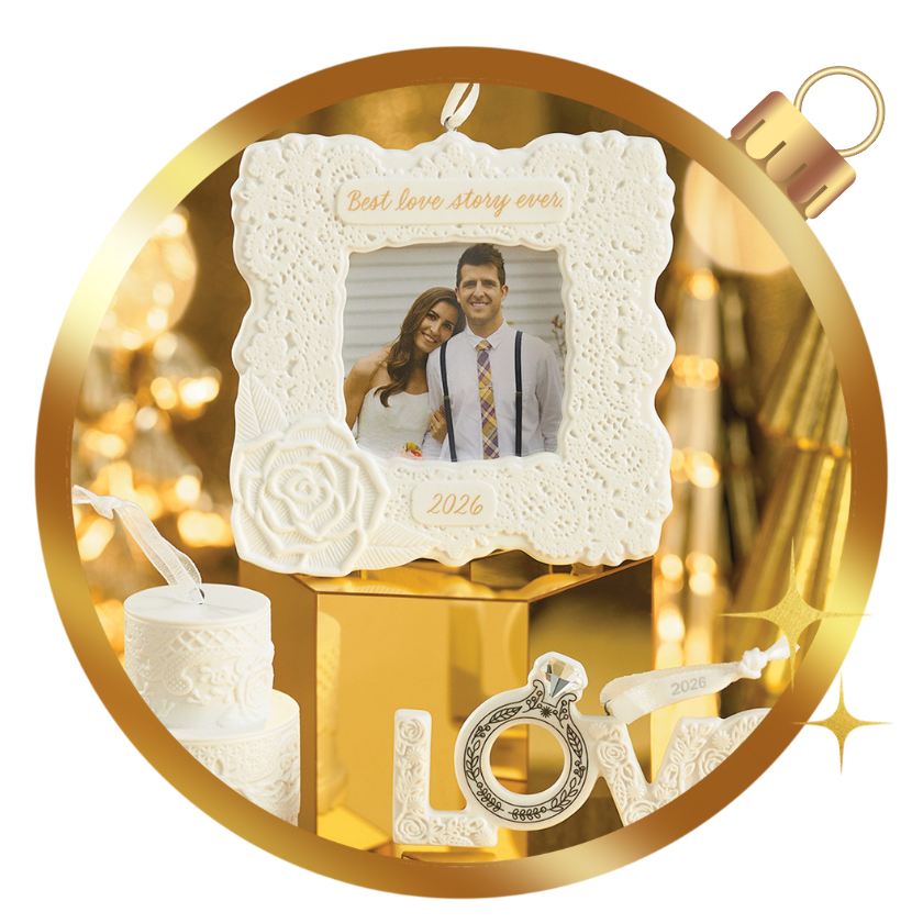 Hallmark Keepsake wedding ornaments, including a lace photo frame, LOVE ornament, and decorative wedding keepsakes.