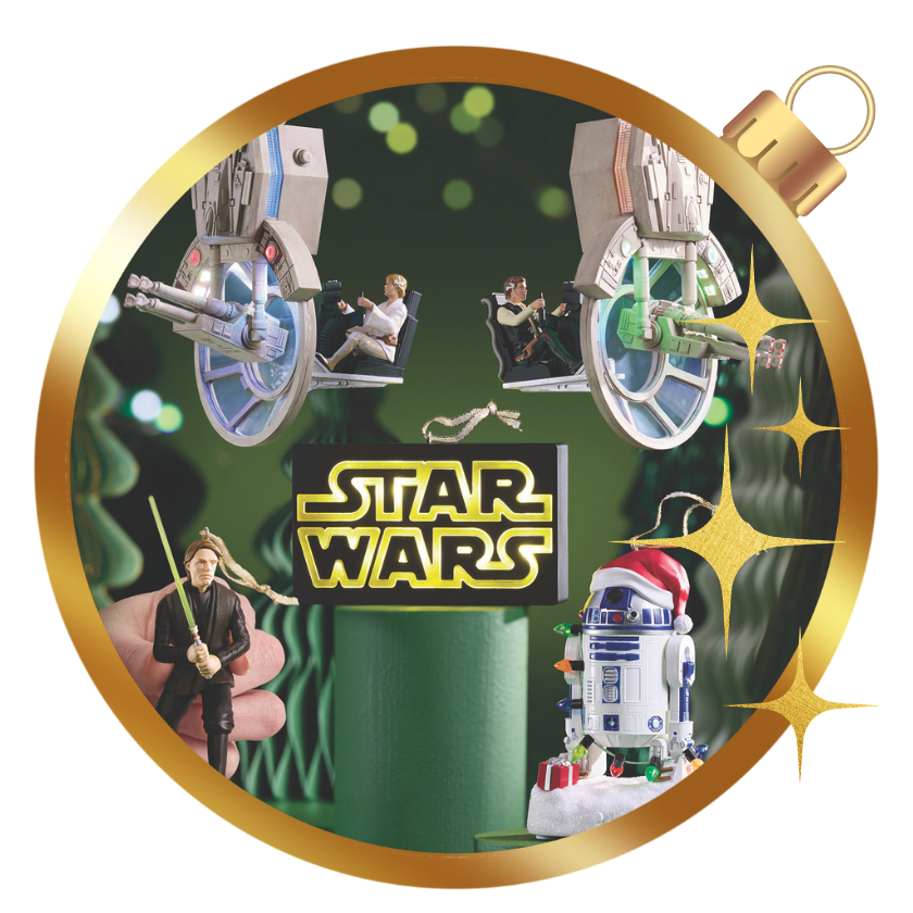Hallmark Keepsake Star Wars ornaments featuring Luke Skywalker, Han Solo, R2-D2, and iconic Star Wars ships.