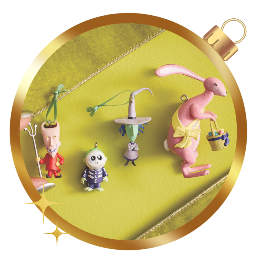 Hallmark Keepsake Halloween ornaments featuring spooky characters, a witch, skeleton, devil, and festive bunny.