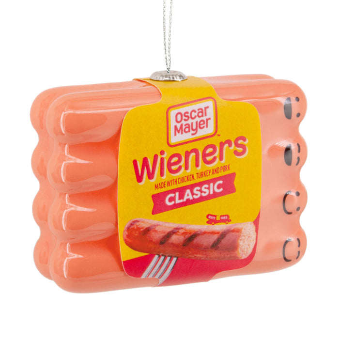 Decorative ornament shaped like a package of Oscar Mayer Wieners on a white background