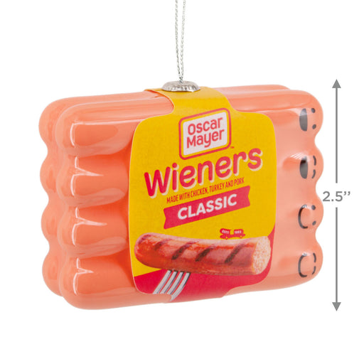 Oscar Mayer Wiener link ornament with packaging on a white background
