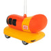 An Oscar Mayer hot dog ornament shaped like a hot dog on a wheeled cart, with an orange and yellow body and a hanging loop at the top, shown on a plain white background.