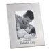 Silver photo frame with 'Our First Father's Day' text, displaying a black and white photo of a man and a baby.