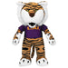 Plush toy of a tiger mascot wearing an LSU shirt on a white background