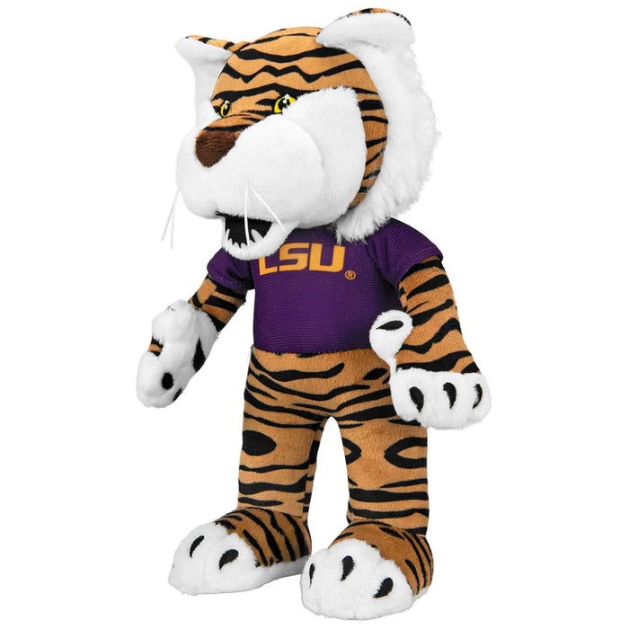 Plush toy of LSU tiger mascot wearing a purple shirt on a white background