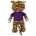 Plush toy tiger with a purple shirt on a white background