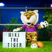 Plush tiger mascot wearing LSU shirt with 'Mike the Tiger' sign on grass