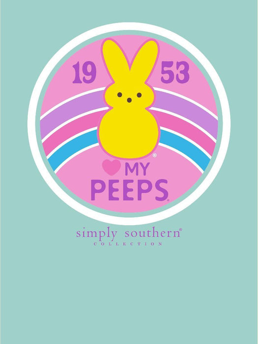 Yellow bunny with '1953 love my peeps' text on a teal background, featuring the Simply Southern Collection logo.