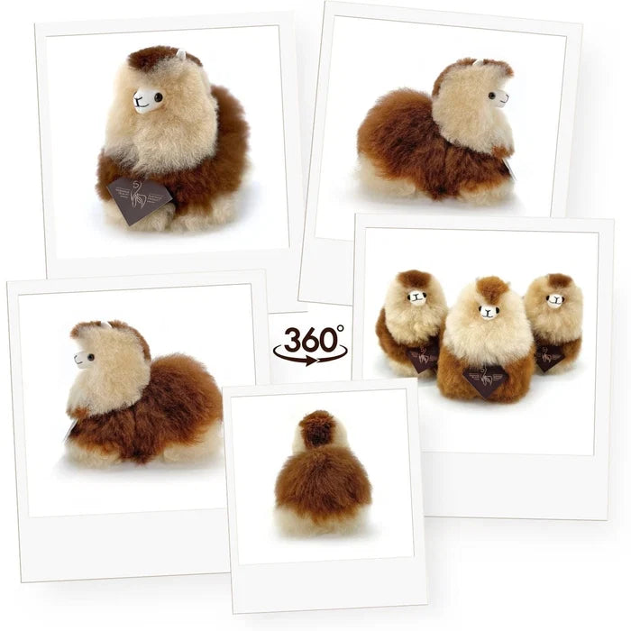 A collage showing multiple views of a plush alpaca toy on a white background, including front, side, back, and three-pack views, with a '360°' label indicating a full-around view.