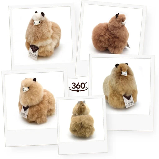 A fluffy alpaca plush toy shown in multiple white-bordered photo-style frames, with a 360-degree rotation graphic in the center. The plush has cream, tan, and light brown fur, small black ears, a white muzzle, and a dark brown bow-tie detail.