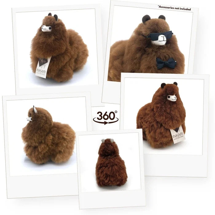 A collage of five white-bordered product photos showing a fluffy brown alpaca plush toy from multiple angles on a white background. One photo shows the toy wearing dark sunglasses and a bow tie, with text noting accessories are not included.