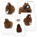 A collage of five white-bordered product photos showing a fluffy brown alpaca plush toy from multiple angles on a white background. One photo shows the toy wearing dark sunglasses and a bow tie, with text noting accessories are not included.