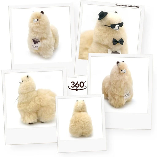 A fluffy cream-colored alpaca plush toy shown in multiple white-bordered photo-style frames on a white background, with one frame showing the toy wearing a black hat, sunglasses, and bow tie. Text includes '360°' and '*Accessories not included'.