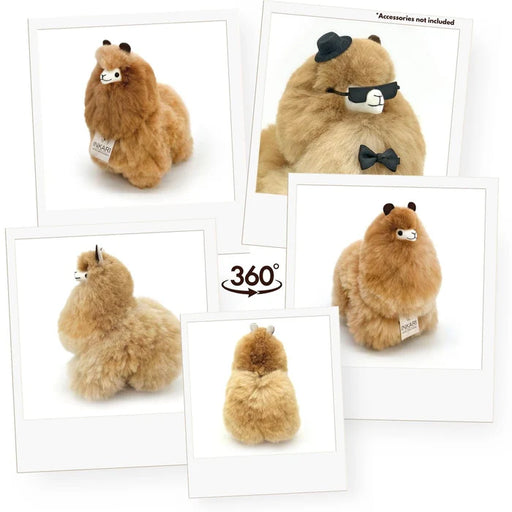 A fluffy tan plush alpaca toy shown in multiple white-bordered photo-style frames on a white background, with one frame showing the toy from the back and a center graphic reading '360°'. The toy has small black ears and a small white tag attached.