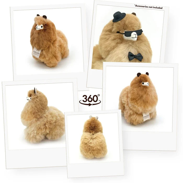 A fluffy tan plush alpaca toy shown in multiple white-bordered photo-style frames on a white background, with one frame showing the toy from the back and a center graphic reading '360°'. The toy has small black ears and a small white tag attached.