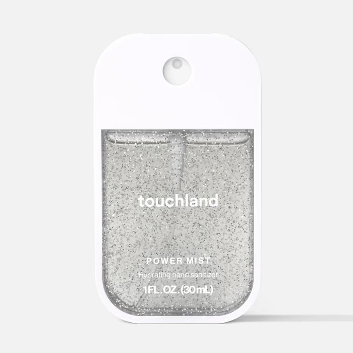 Sparkly Touchland hand sanitizer on a white background