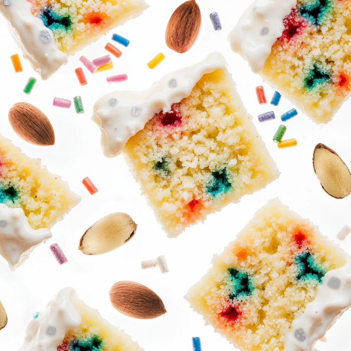 A flat-lay close-up of colorful cake slices topped with white frosting, scattered almonds, and sprinkles on a white background.