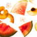 Sliced watermelon and peach pieces arranged on a white background with small white flowers.