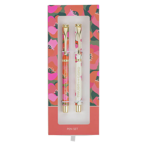 Pen set with floral design packaging on a white background