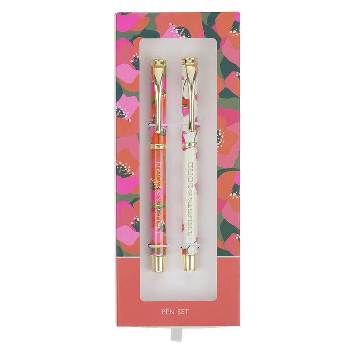 Pen set with floral design packaging on a white background