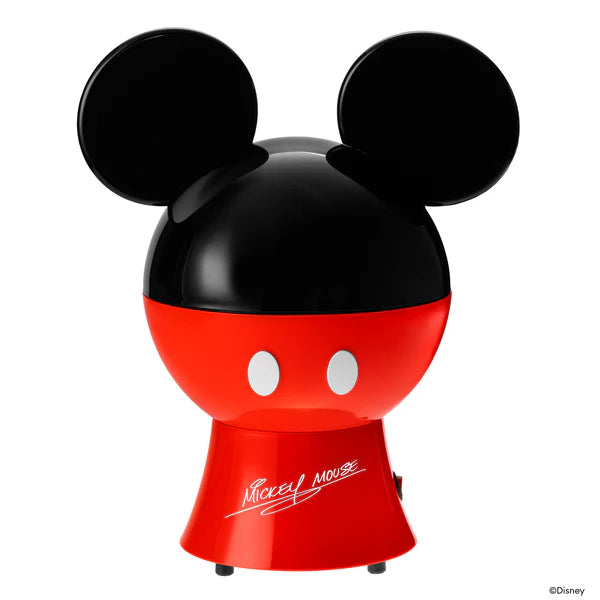 Mickey Mouse-shaped device with black ears and red body on a white background