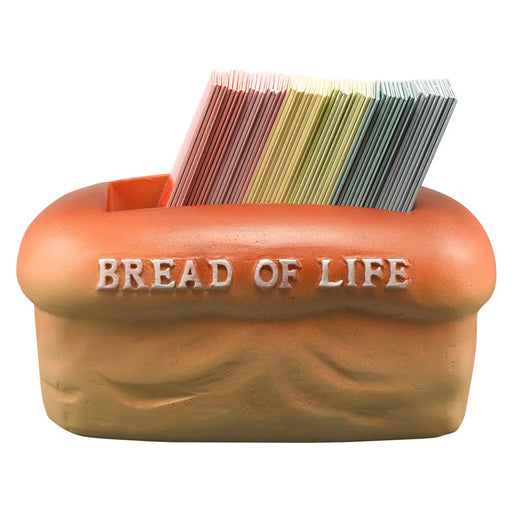 Bread-shaped container with 'Bread of Life' text holding colorful cards on a white background