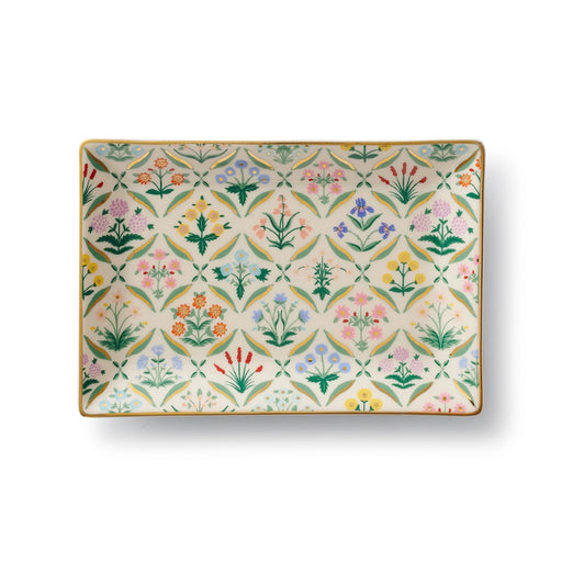 Rectangular ceramic tray with floral geometric pattern on a white background