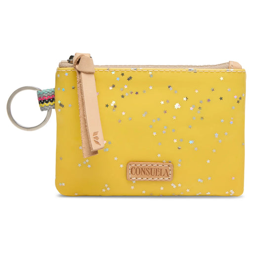 Yellow wallet with star pattern and keychain on a white background