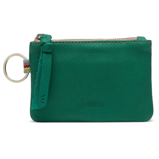 Green leather wallet with keychain on a white background