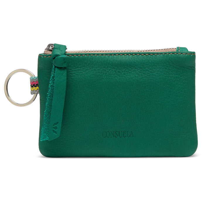Green leather wallet with keychain on a white background