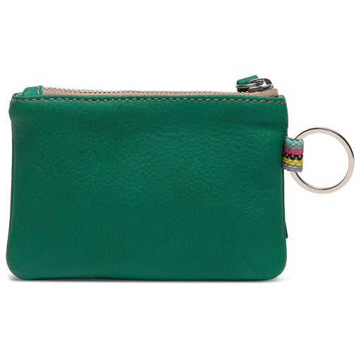 Green leather coin purse with a keychain on a white background