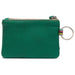 Green leather coin purse with a keychain on a white background